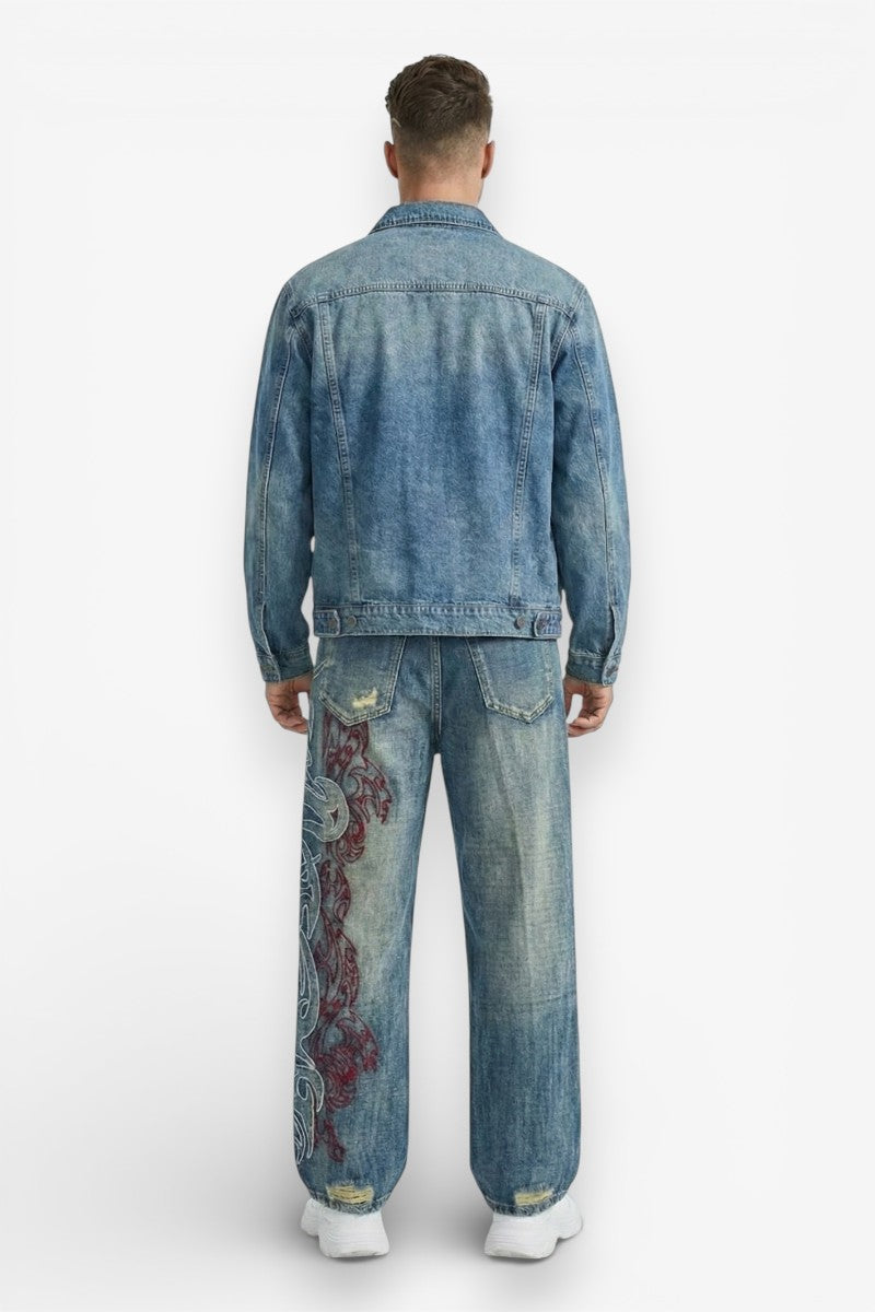 Embroidered Baggy Wide-Leg Jeans