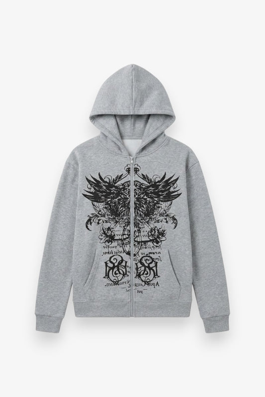 Wing Print Mall Goth Zip-Up Hoodie