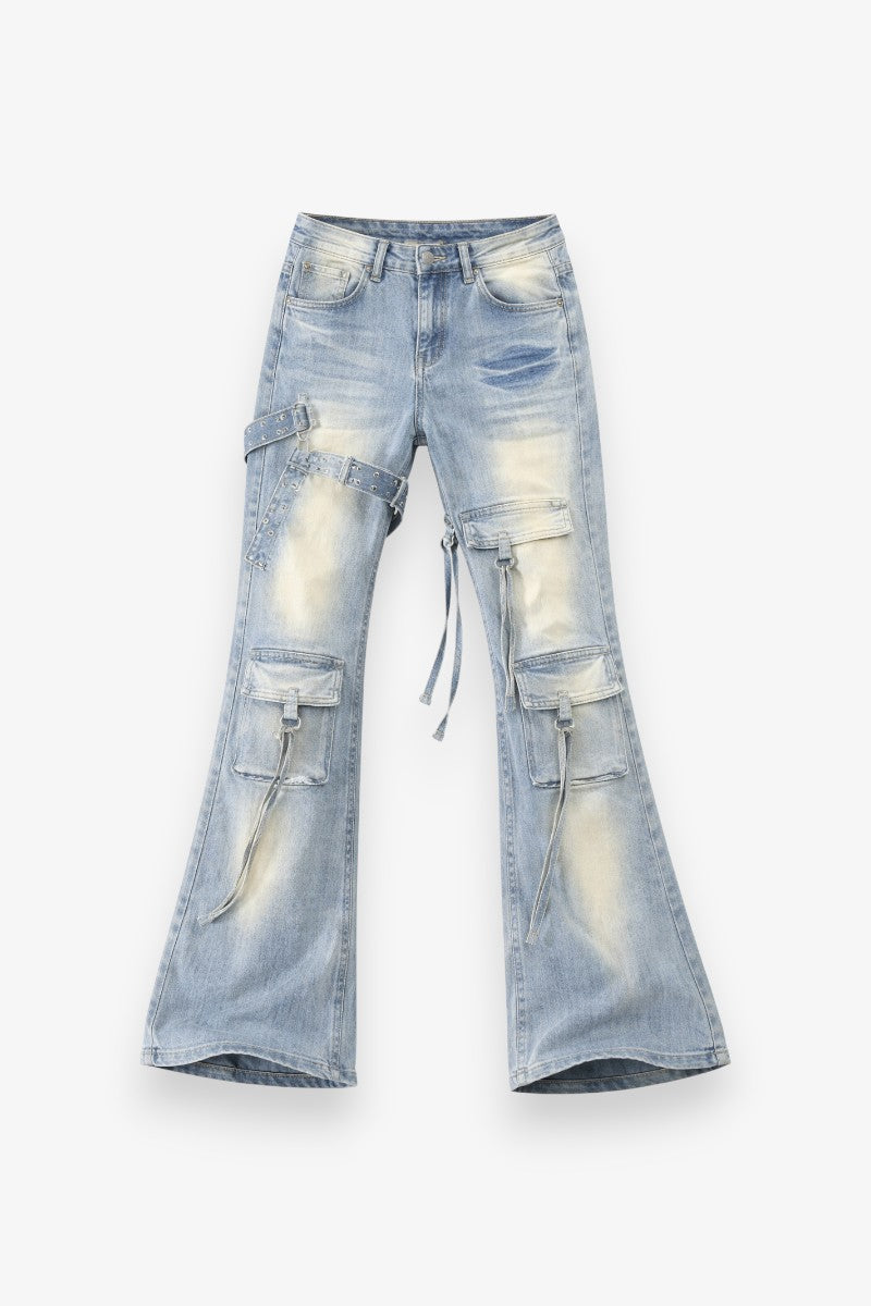 Low-Waist Cargo Flare Jeans