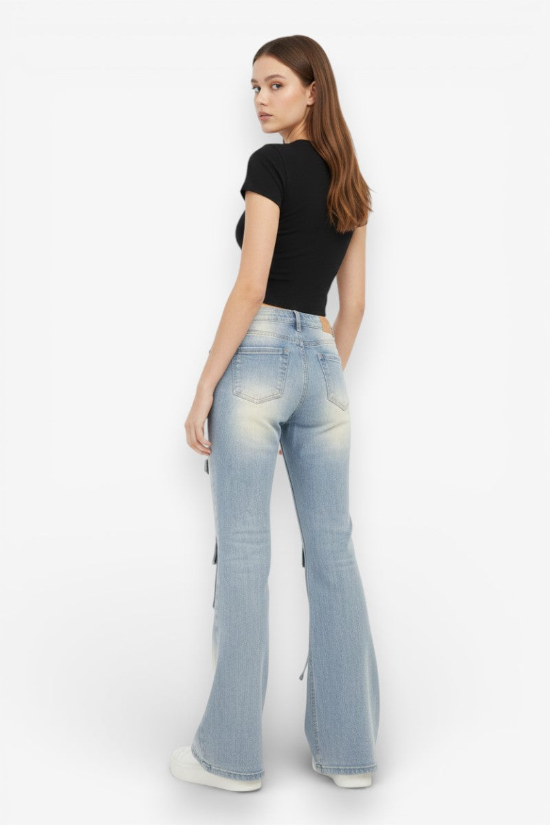 Low-Waist Cargo Flare Jeans