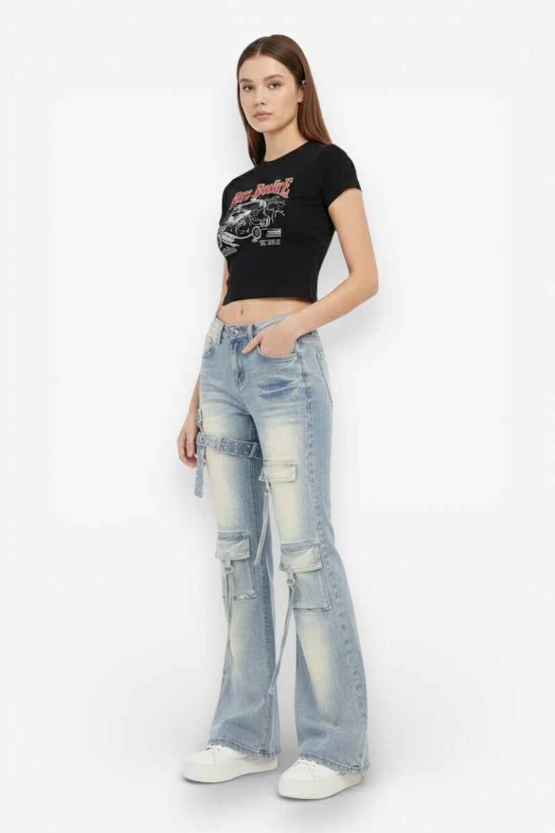 Low-Waist Cargo Flare Jeans