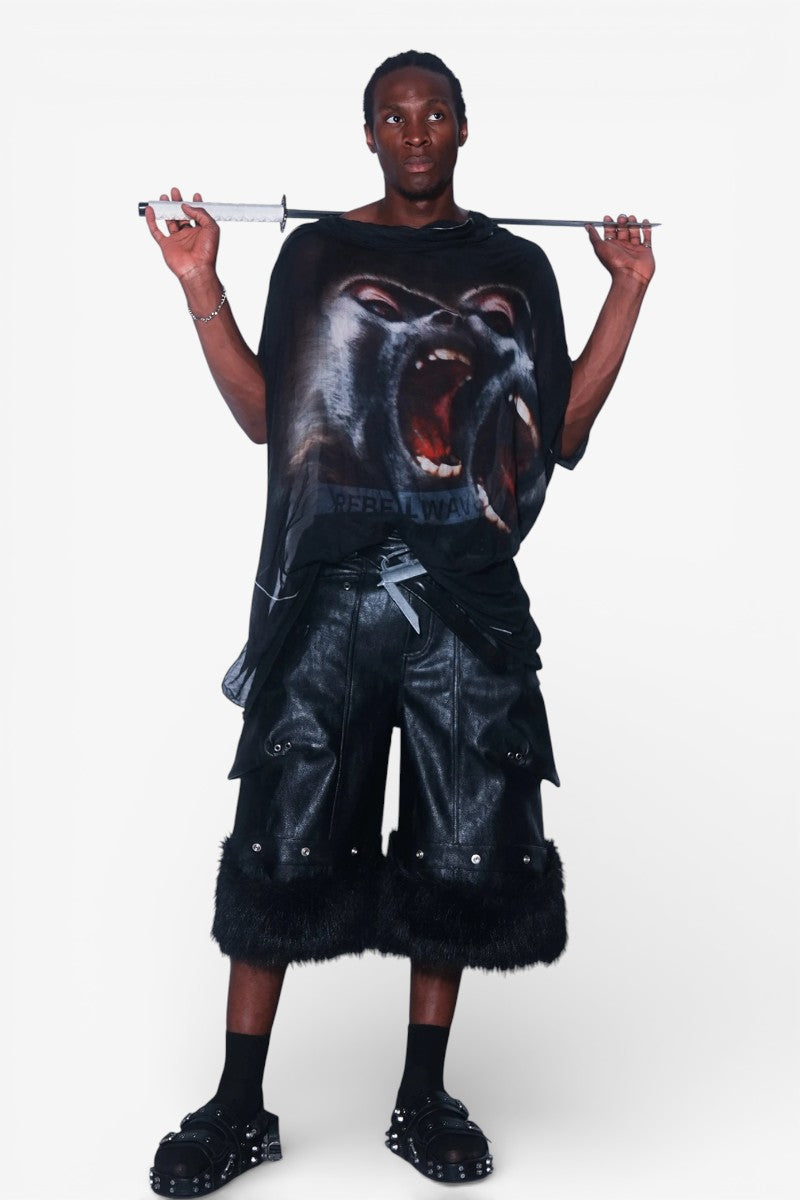 Black Faux Fur Patchwork Leather Shorts