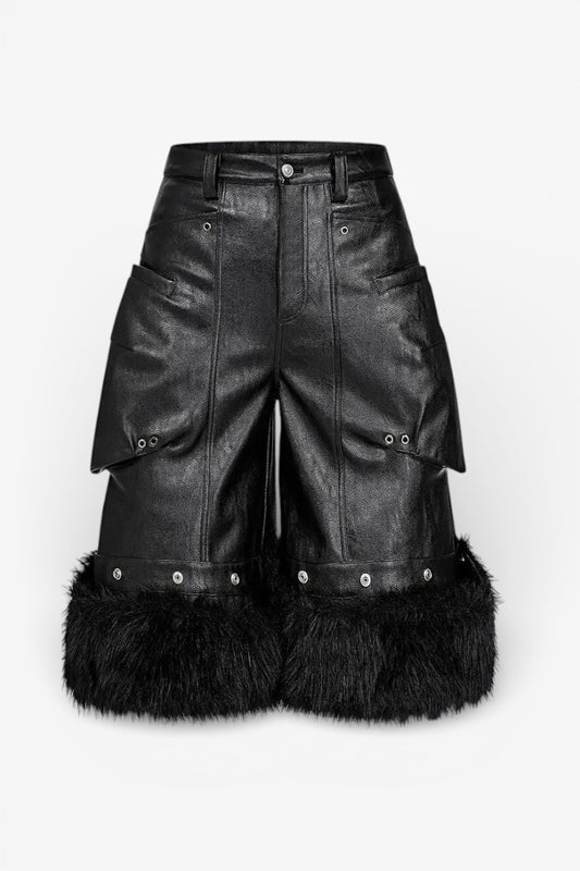 Black Faux Fur Patchwork Leather Shorts