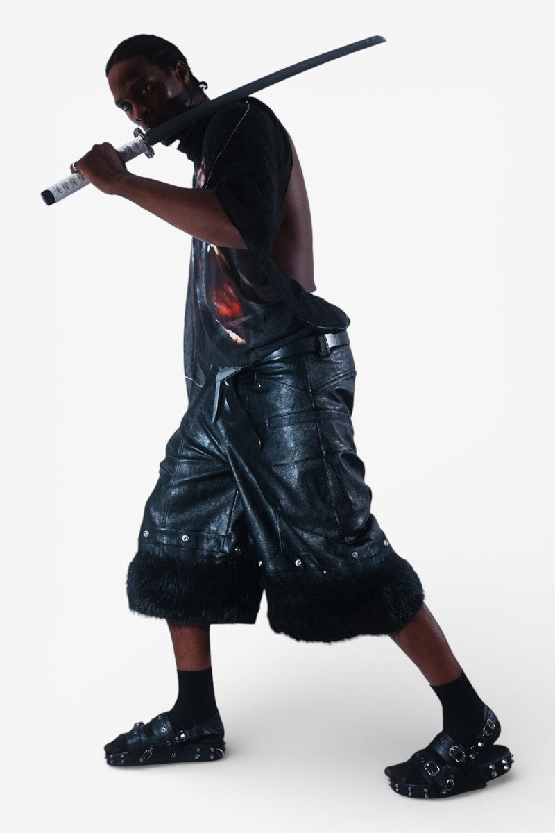 Black Faux Fur Patchwork Leather Shorts