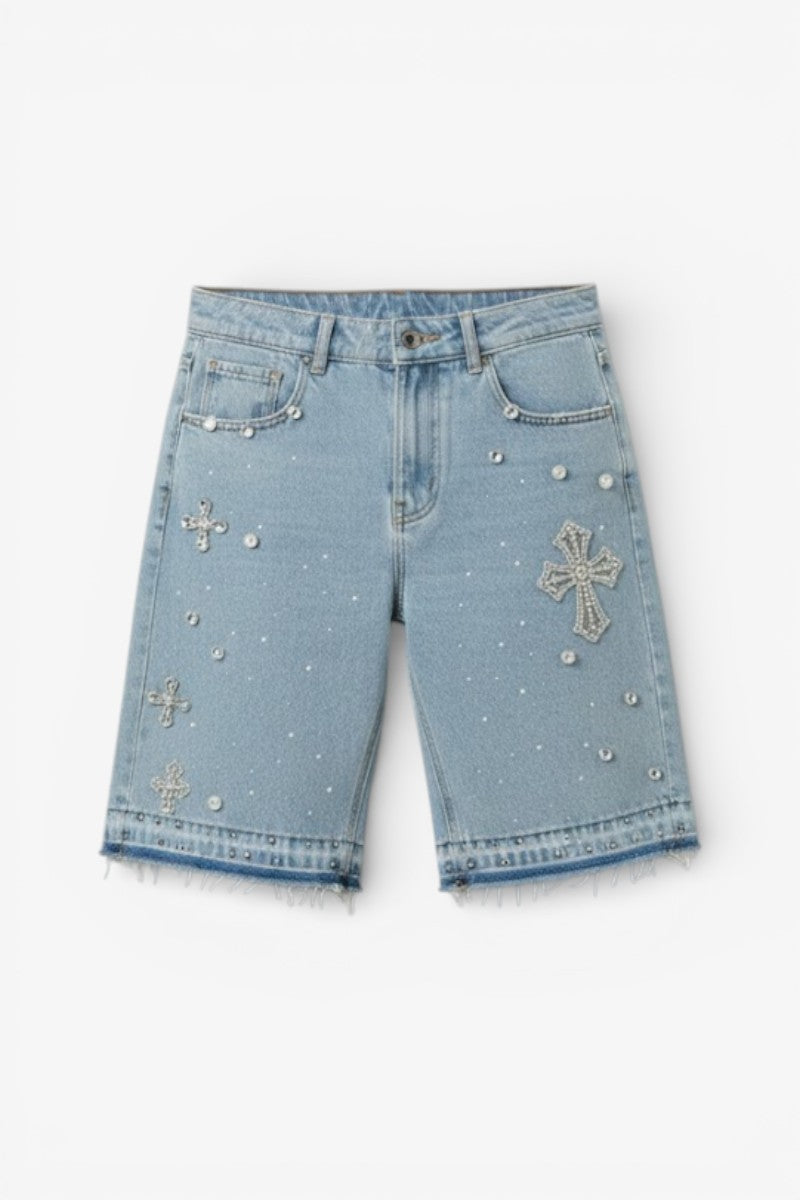 Gothic Cross Rhinestone Denim Jorts