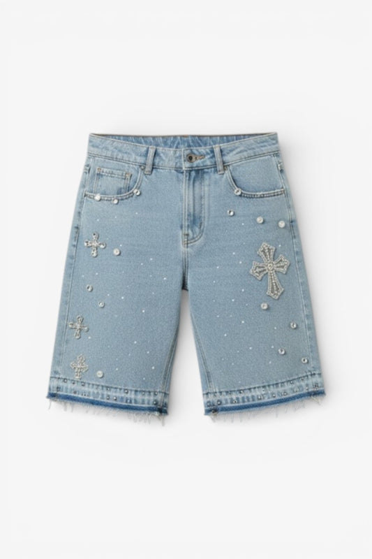 Gothic Cross Rhinestone Denim Jorts