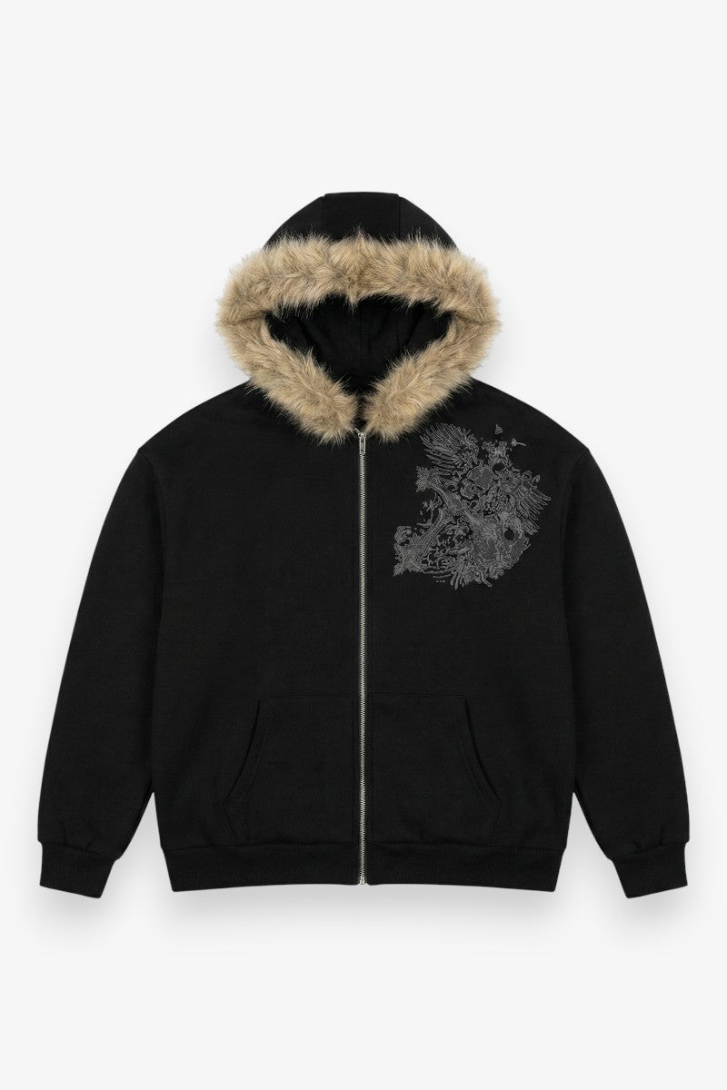 Faux Fur Collar Zip-Up Hoodie