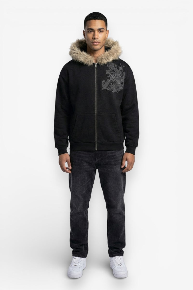 Faux Fur Collar Zip-Up Hoodie