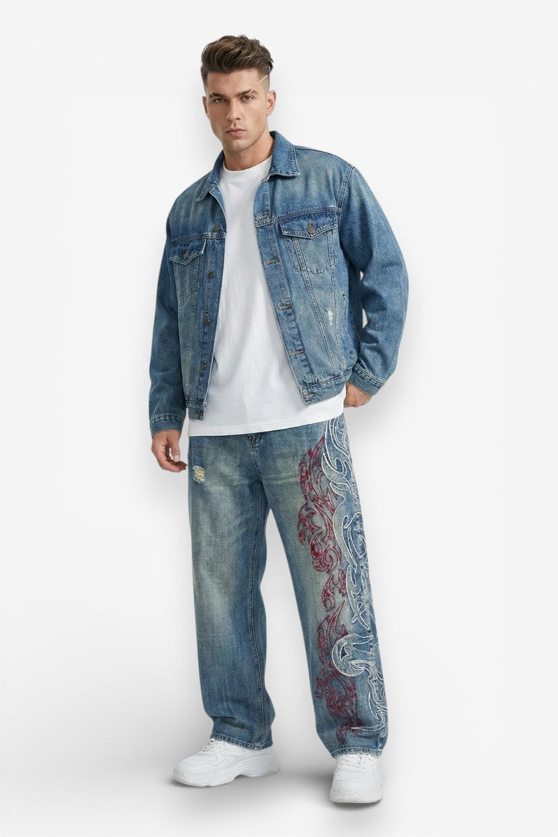 Embroidered Baggy Wide-Leg Jeans