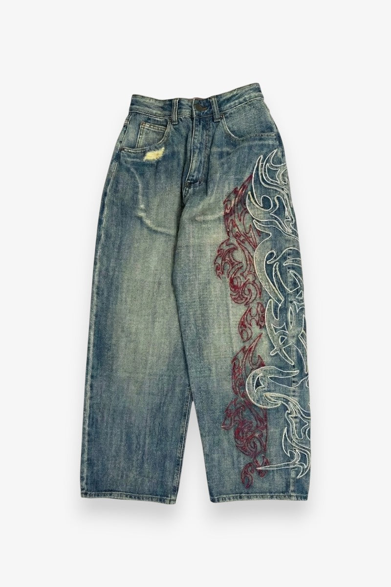 Embroidered Baggy Wide-Leg Jeans