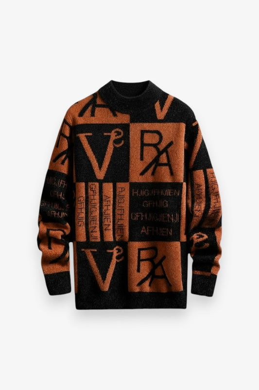 Striped Letter Knit Crew Sweater